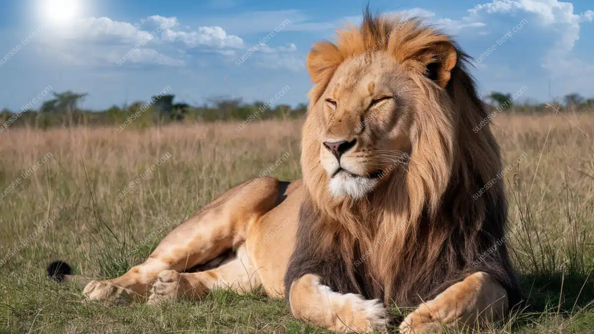 Ein imposanter Löwe liegt entspannt im hohen Gras der afrikanischen Savanne, während die Sonne scheint und ein blauer Himmel mit wenigen Wolken im Hintergrund zu sehen ist.