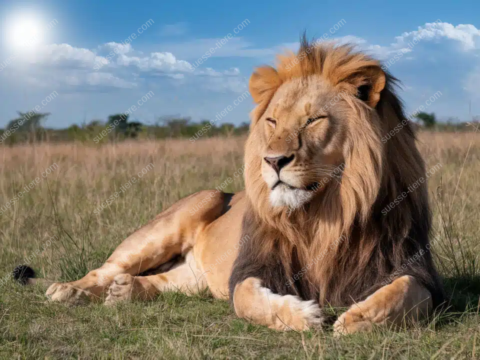 Ein imposanter Löwe liegt entspannt im hohen Gras der afrikanischen Savanne, während die Sonne scheint und ein blauer Himmel mit wenigen Wolken im Hintergrund zu sehen ist.