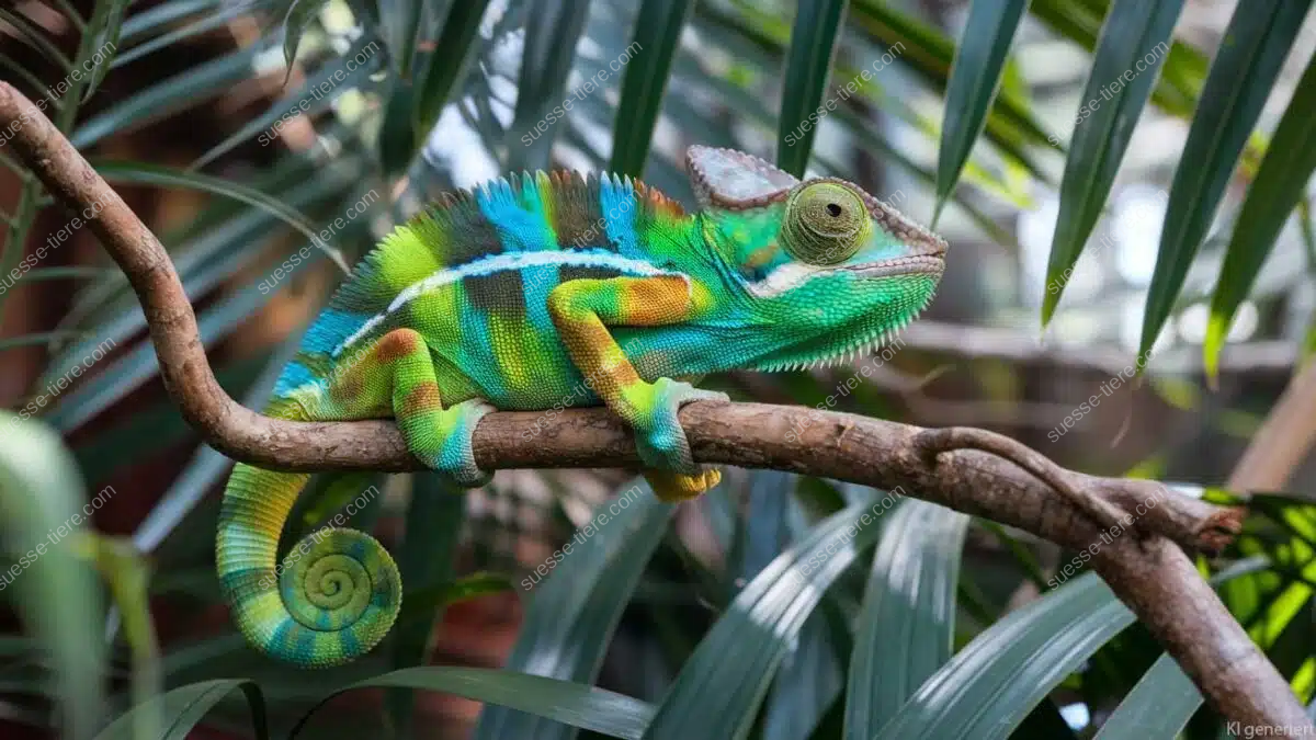 Ein farbenprächtiges Chamäleon sitzt auf einem Ast im Regenwald. Seine lebhaften Grüntöne, Blau- und Gelbfärbungen heben sich von der Umgebung ab.