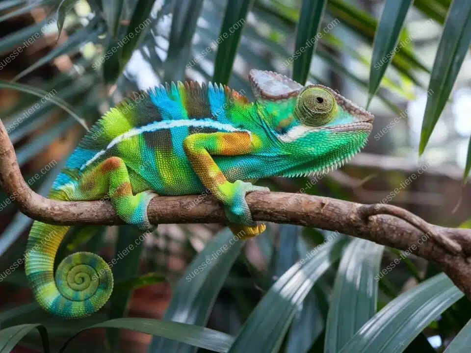 Ein farbenprächtiges Chamäleon sitzt auf einem Ast im Regenwald. Seine lebhaften Grüntöne, Blau- und Gelbfärbungen heben sich von der Umgebung ab.