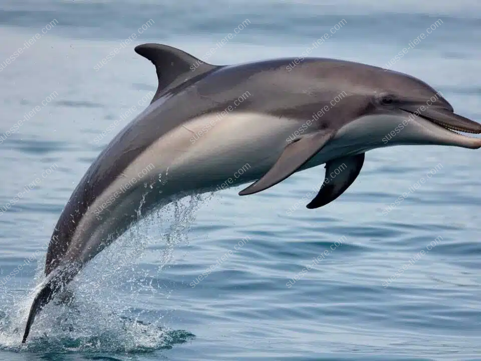 Ein Delfin springt elegant aus dem Wasser und zeigt seine beeindruckende Körperbeherrschung im offenen Meer.