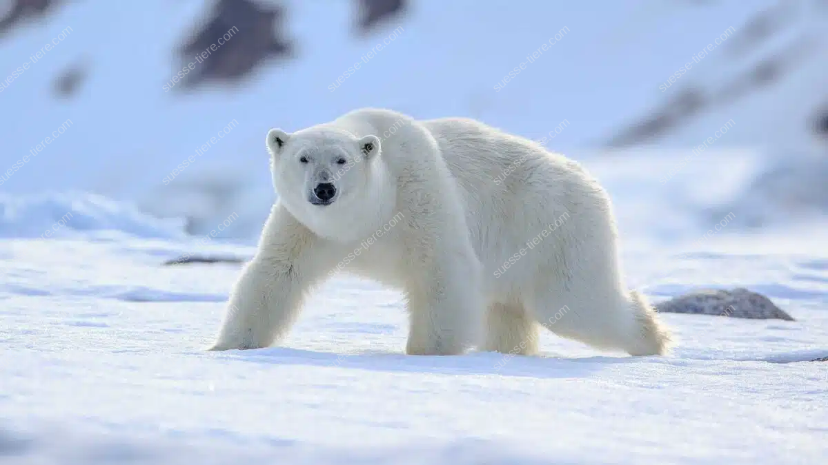 Ein Eisbär bewegt sich durch die verschneite Arktis und blickt aufmerksam in die Kamera.