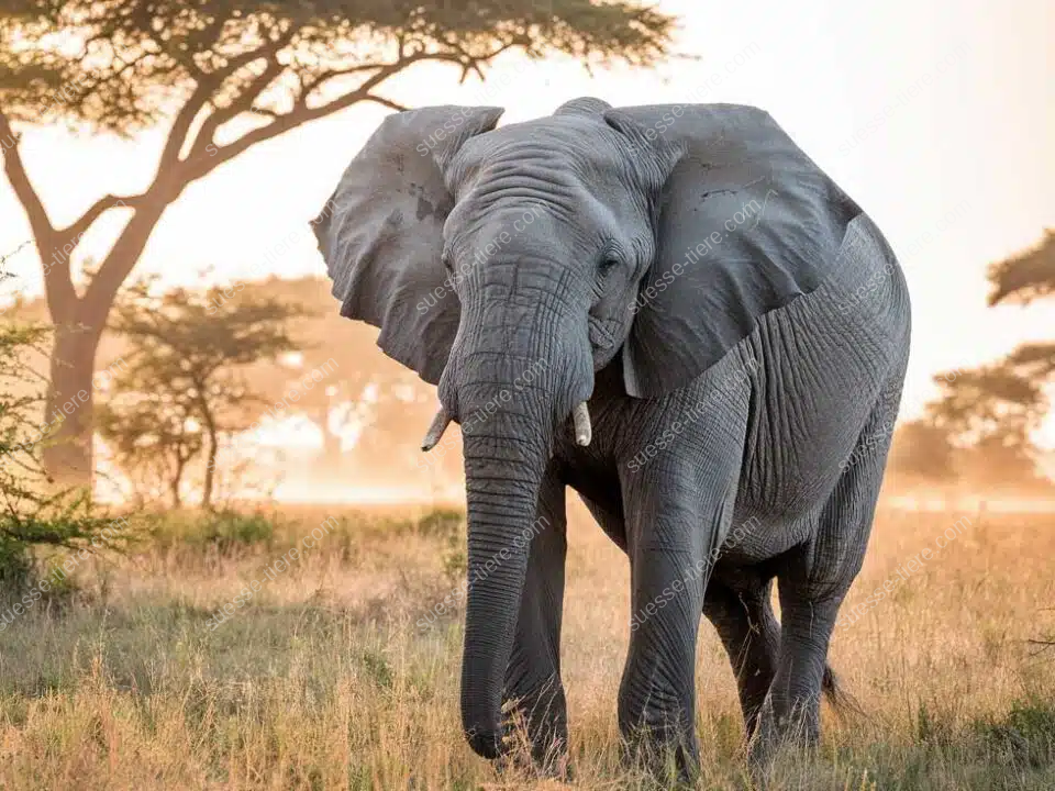 Ein afrikanischer Elefant steht in der goldenen Abendsonne der Savanne, umgeben von Akazienbäumen und trockenem Grasland.