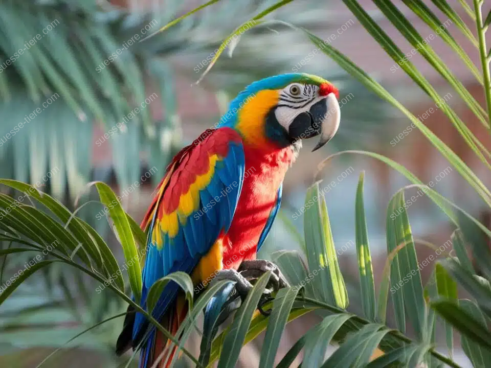 Ein farbenfroher Papagei mit leuchtend roten, blauen und gelben Federn sitzt auf einem Palmenzweig und blickt aufmerksam umher.