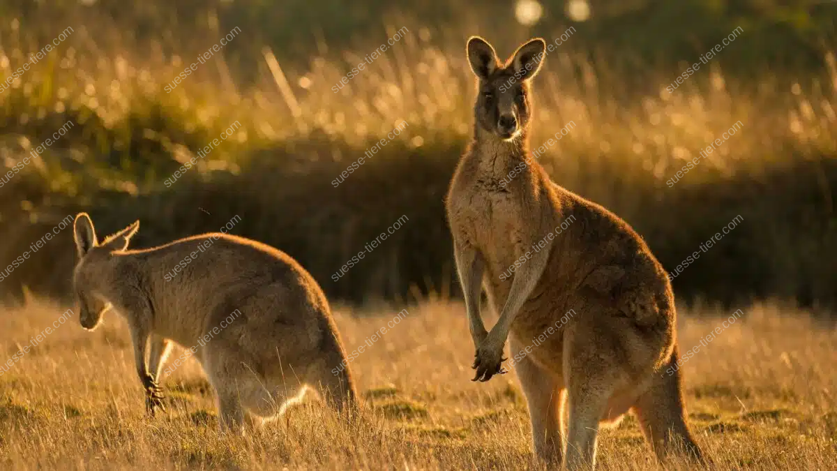 Zwei Kängurus in einer weiten australischen Graslandschaft bei goldenem Sonnenuntergang, eines stehend, das andere grasend.