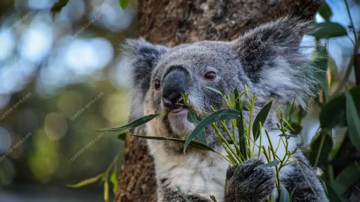 Ein Koala sitzt an einem Baum und frisst frische Eukalyptusblätter, während er mit seinen Pfoten einen Zweig hält.