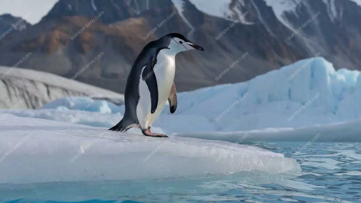 Ein Pinguin steht auf einem Eisberg vor einer beeindruckenden antarktischen Landschaft mit schneebedeckten Bergen und klarem blauem Wasser.
