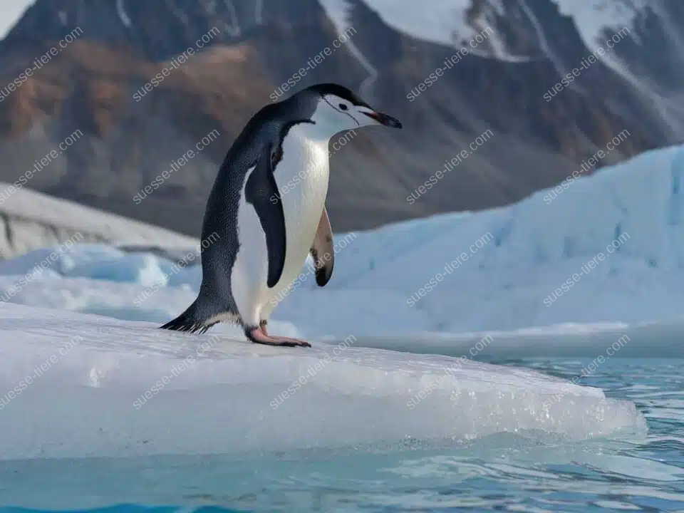 Ein Pinguin steht auf einem Eisberg vor einer beeindruckenden antarktischen Landschaft mit schneebedeckten Bergen und klarem blauem Wasser.