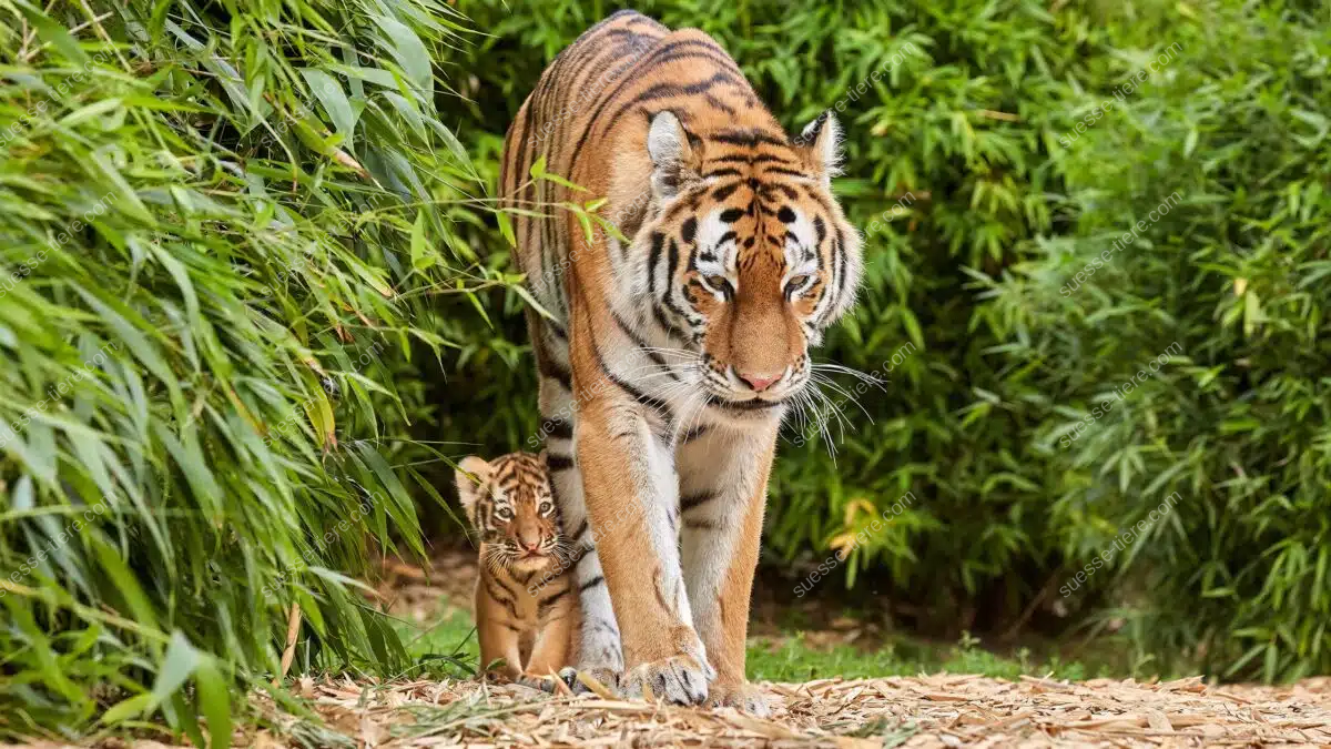 Ein majestätischer Tiger streift durch einen Bambuswald, während sein Junges neugierig hinter ihm herläuft.