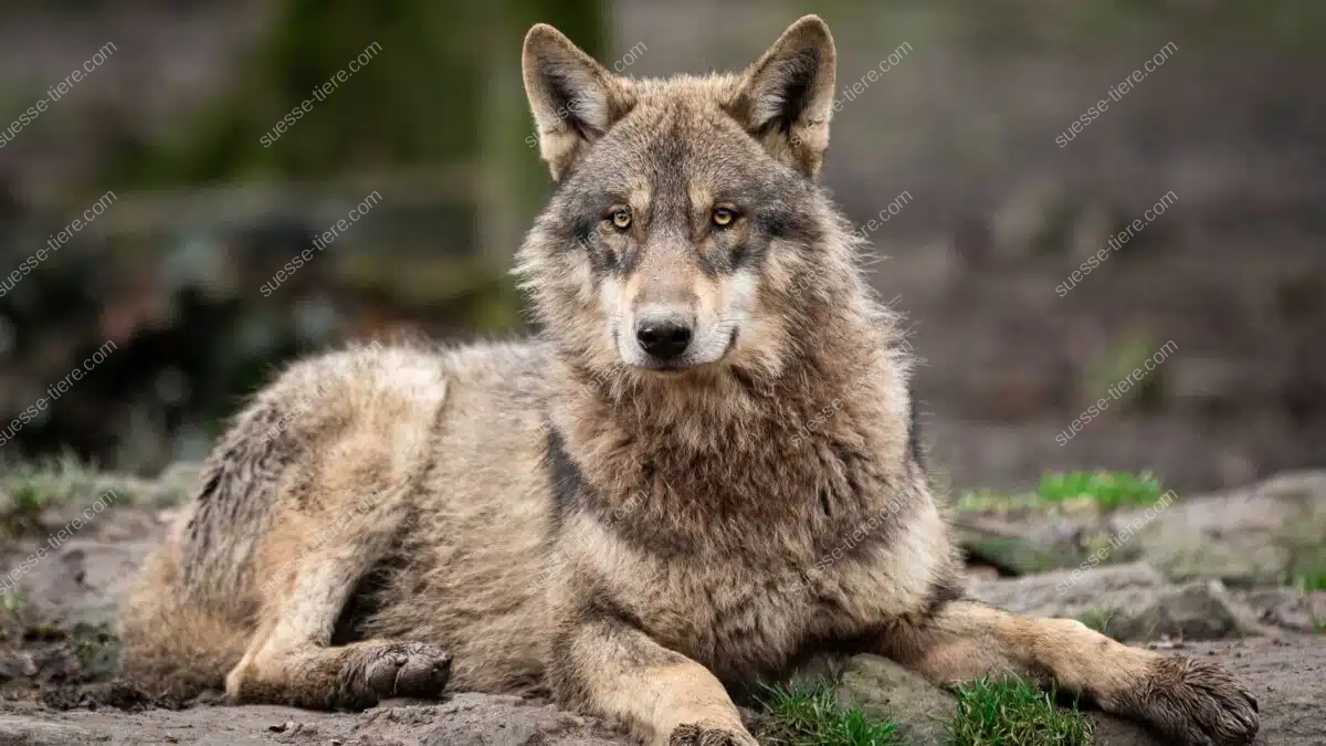 Ein Wolf liegt entspannt auf dem Waldboden und beobachtet wachsam seine Umgebung.