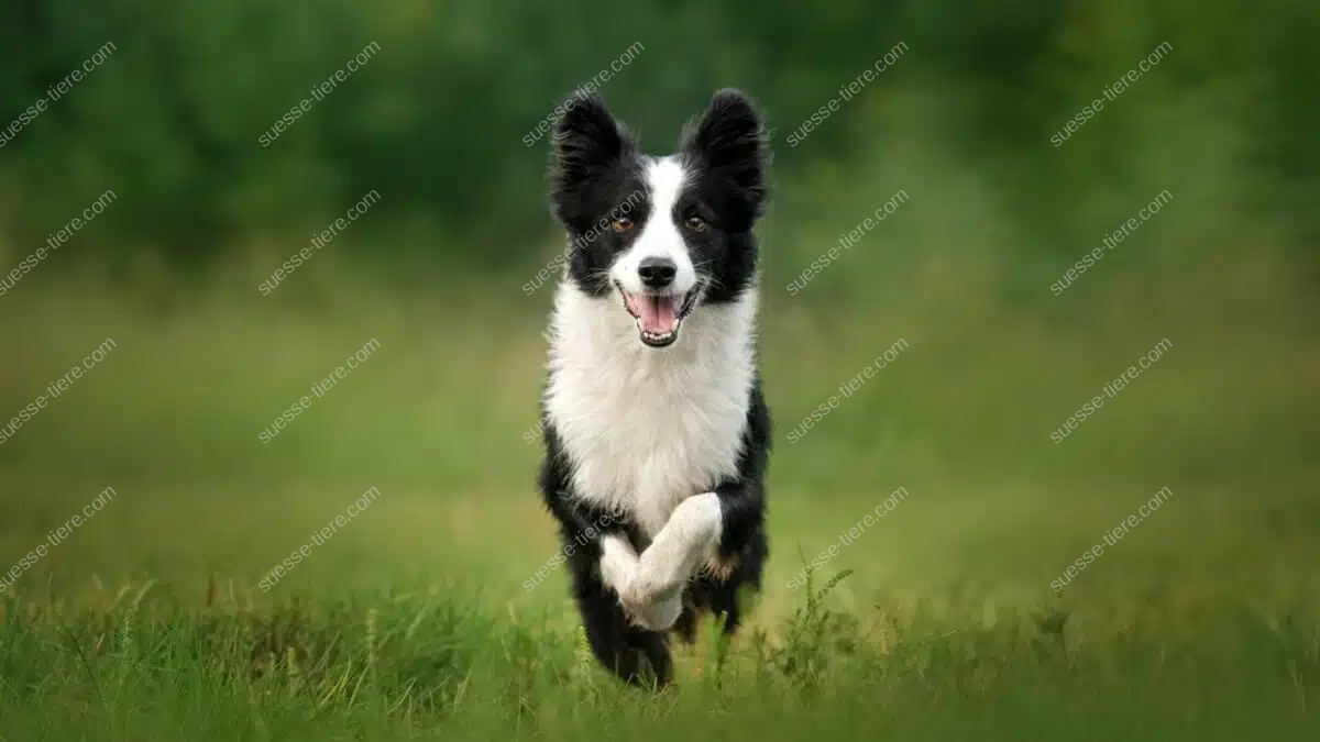 Ein schwarz-weißer Border Collie läuft mit fröhlichem Blick durch eine grüne Wiese.