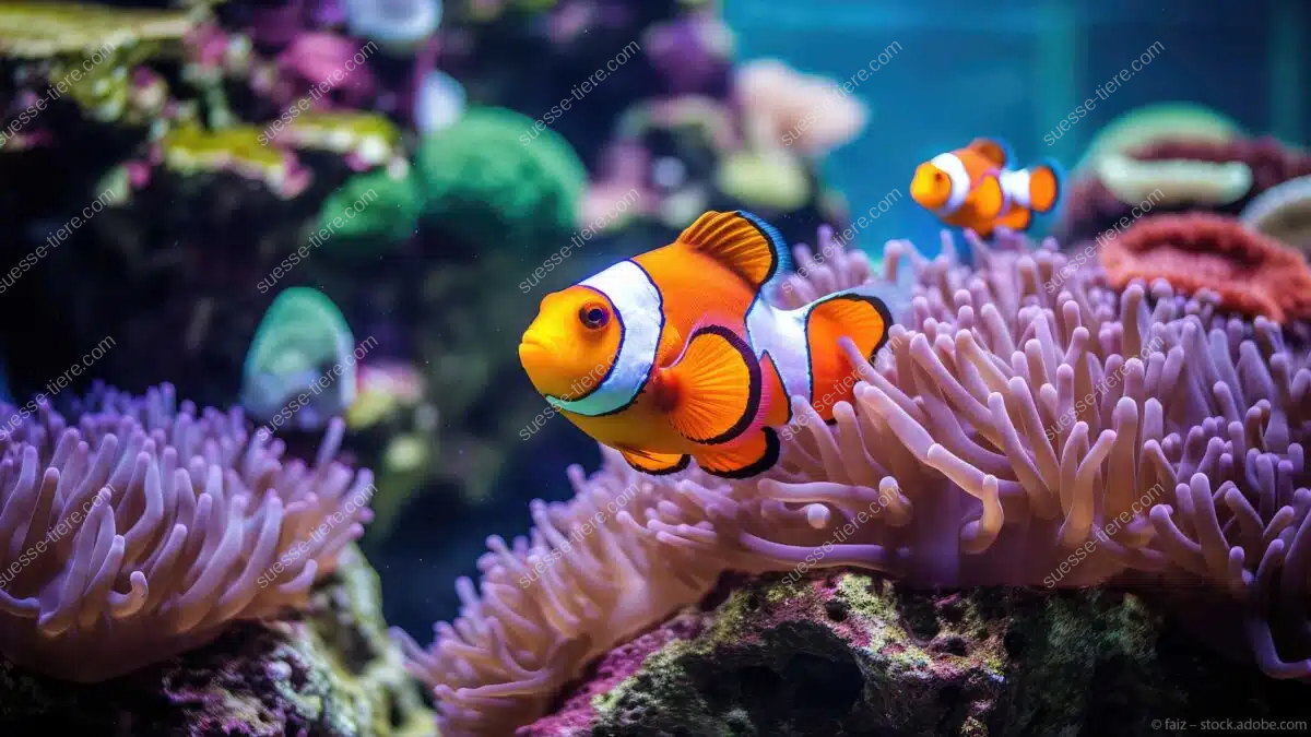 Ein orange-weißer Clownfisch schwimmt zwischen violetten Anemonen in einem tropischen Korallenriff.