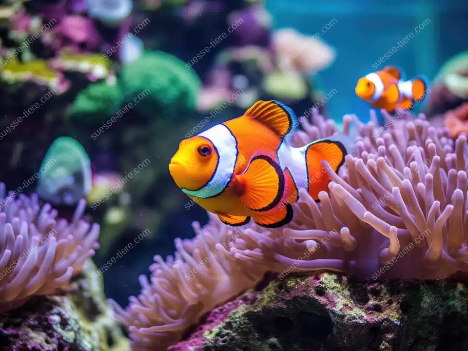 Ein orange-weißer Clownfisch schwimmt zwischen violetten Anemonen in einem tropischen Korallenriff.