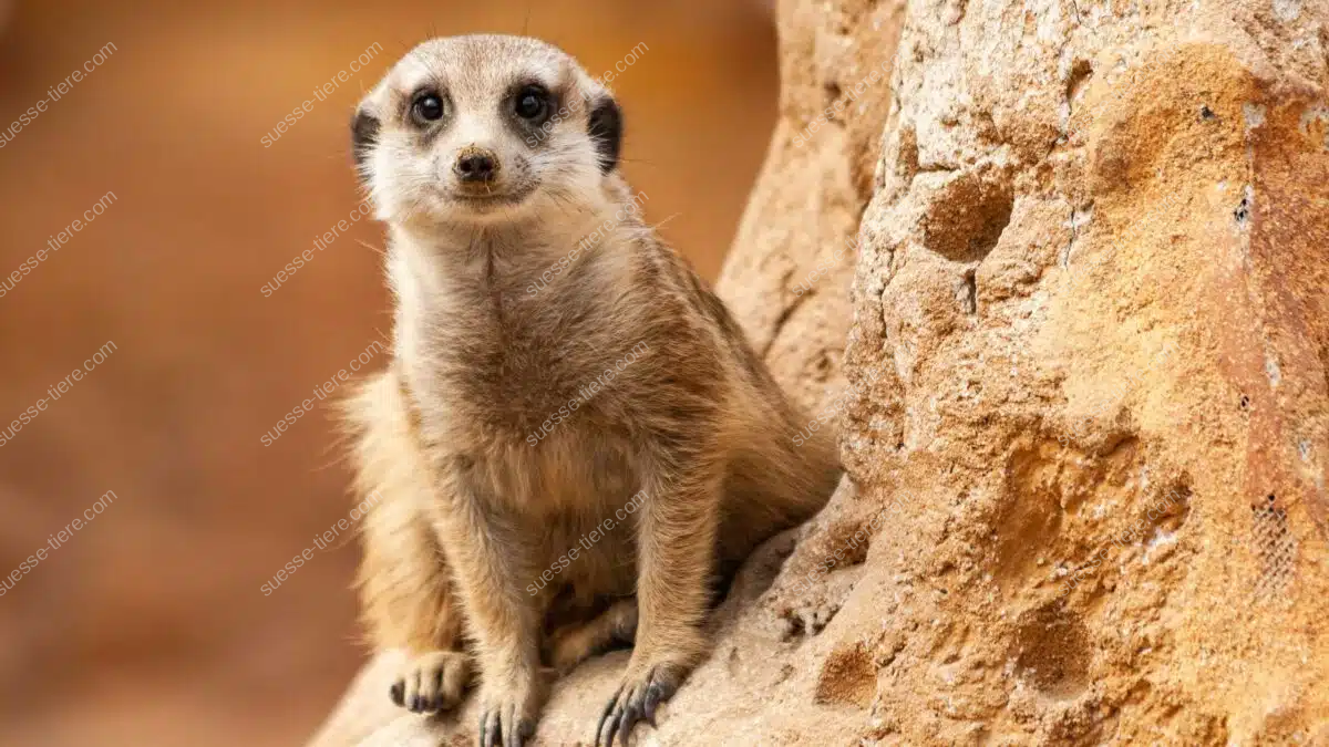 Ein Erdmännchen sitzt aufmerksam auf einem Felsen, umgeben von trockener Savannenlandschaft.