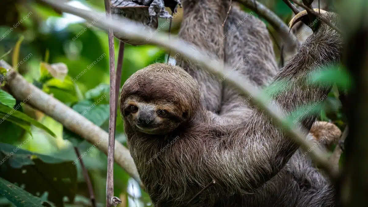 Ein Faultier hängt an einem Ast im tropischen Regenwald und blickt entspannt in die Kamera.