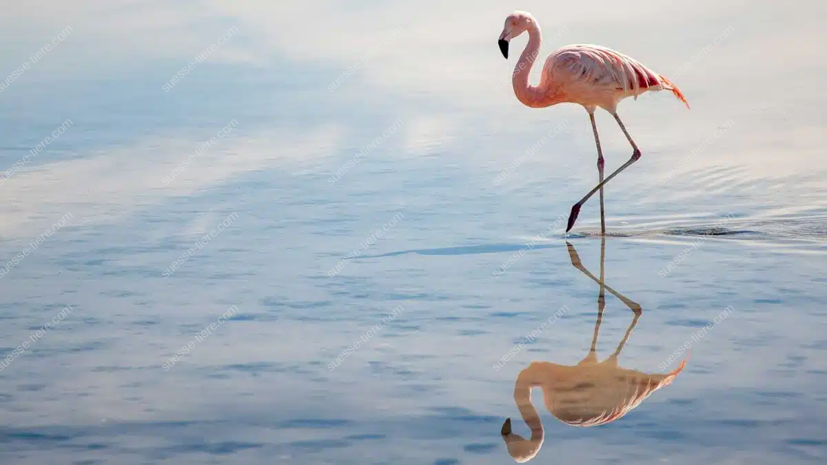 Ein Flamingo mit rosa Gefieder läuft durch flaches Wasser, seine Spiegelung ist auf der ruhigen Wasseroberfläche deutlich zu sehen.