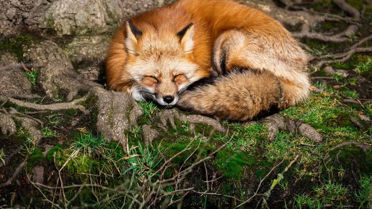 Ein roter Fuchs schläft eingerollt auf einer moosbewachsenen Wurzel im Wald, sein buschiger Schwanz bedeckt seinen Körper.
