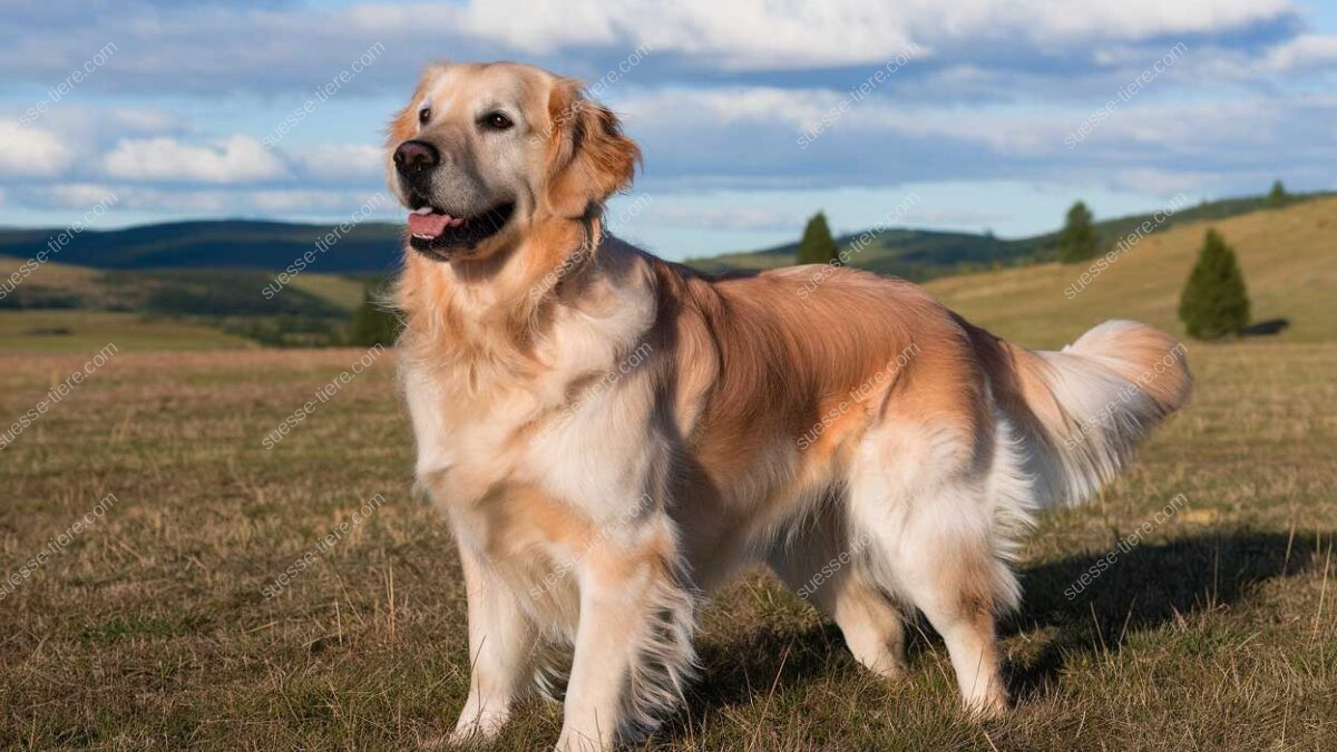 Ein fröhlicher Golden Retriever steht auf einer Wiese mit einer malerischen Landschaft im Hintergrund.