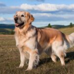 Ein fröhlicher Golden Retriever steht auf einer Wiese mit einer malerischen Landschaft im Hintergrund.