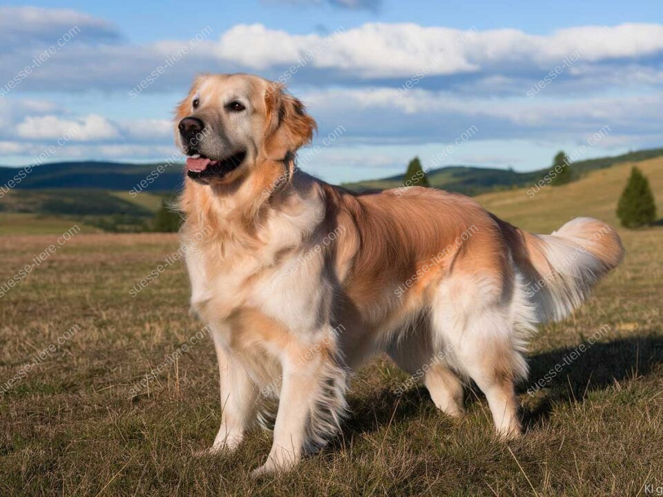 Ein fröhlicher Golden Retriever steht auf einer Wiese mit einer malerischen Landschaft im Hintergrund.