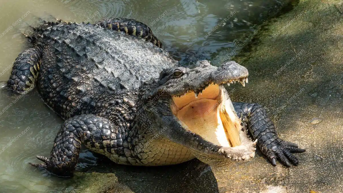 Ein großes Krokodil liegt halb im Wasser, halb am Ufer hat sein Maul weit geöffnet, seine kräftigen Zähne sind deutlich sichtbar.