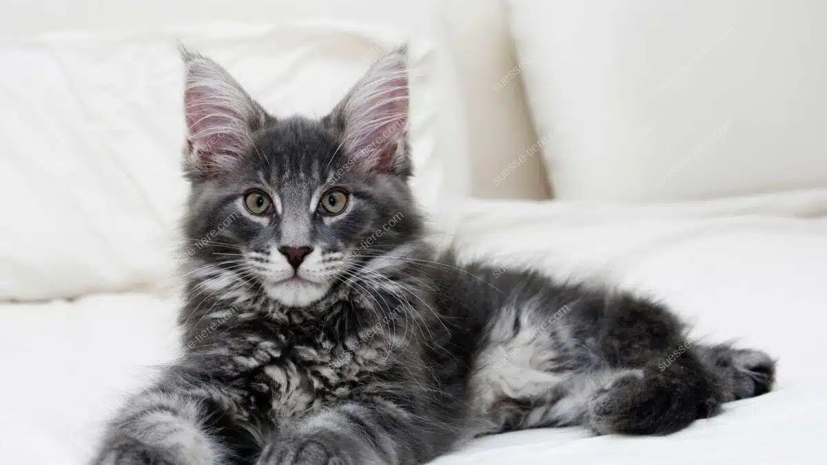 Eine Maine Coon Katze mit dichtem Fell und buschigem Schwanz liegt in einer natürlichen Umgebung.