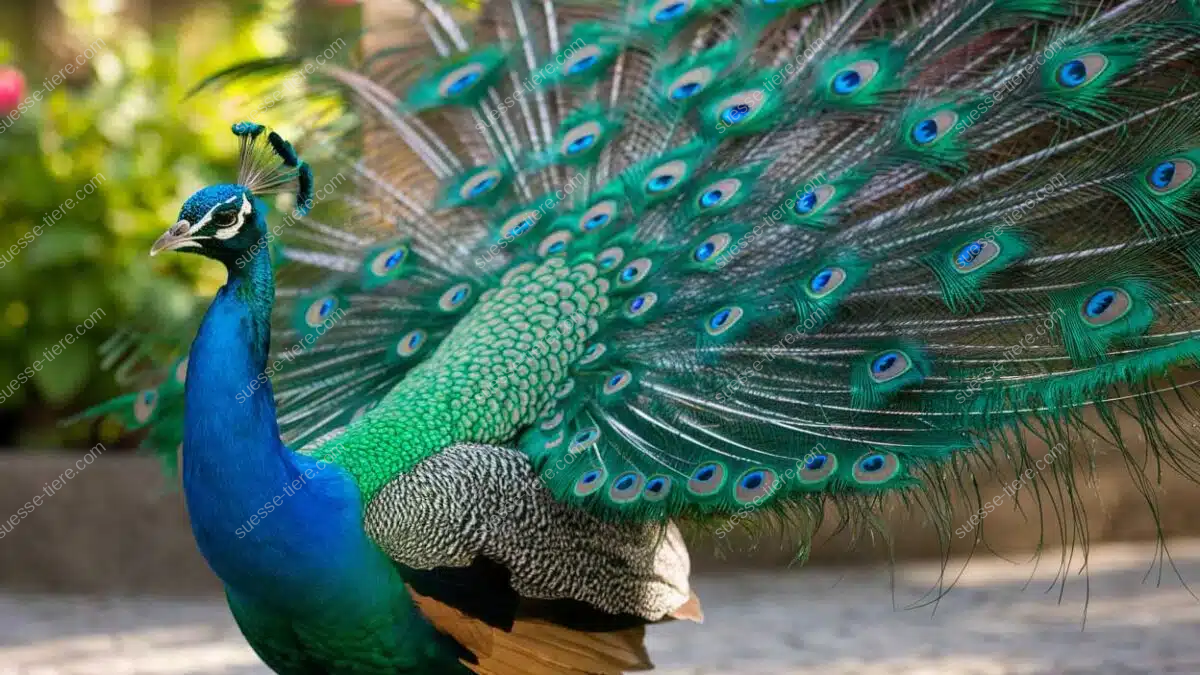 Ein Pfau mit leuchtend blau-grünem Federkleid schlägt sein Rad in einem Garten.