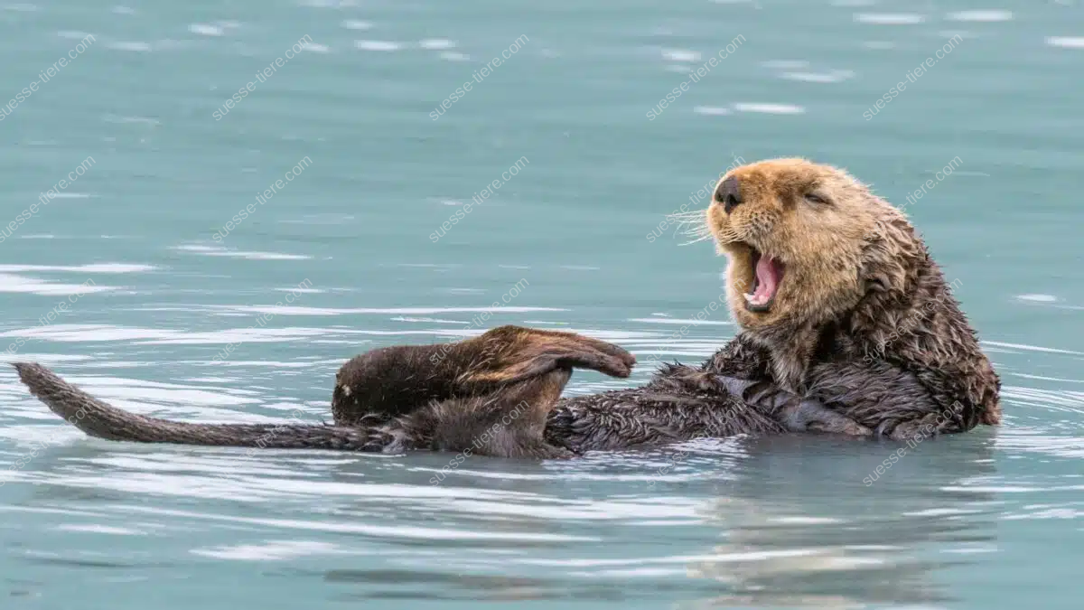 Ein Seeotter schwimmt auf dem Rücken im Wasser und gähnt, während seine Vorderpfoten angewinkelt sind. Sein dichtes Fell ist gut sichtbar.