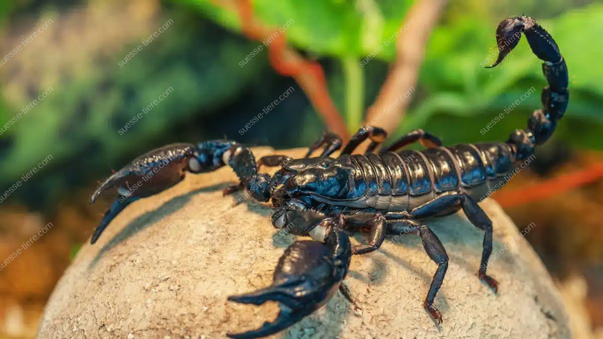 Ein schwarzer Skorpion sitzt auf einem Felsen, sein Stachel ist aufgerichtet, im Hintergrund grünes Blattwerk.