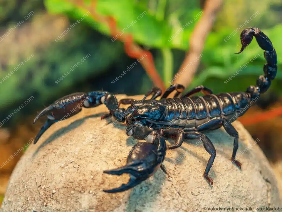 Ein schwarzer Skorpion sitzt auf einem Felsen, sein Stachel ist aufgerichtet, im Hintergrund grünes Blattwerk.