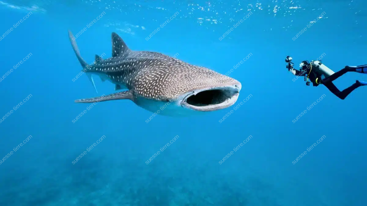 Ein riesiger Walhai schwimmt durch das blaue Meer, während ein Taucher ihn aus nächster Nähe fotografiert.