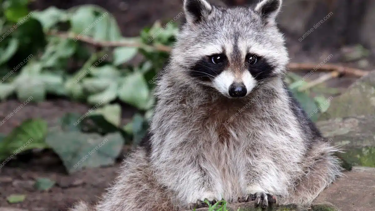 Ein Waschbär sitzt auf einem Baumstumpf im Wald und blickt neugierig in die Kamera.