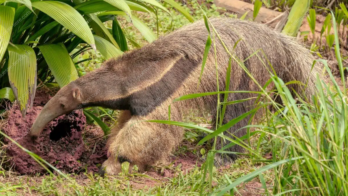Ameisenbär steht im Gras vor einem aufgebrochenen Termitenbau und sucht nach Nahrung.