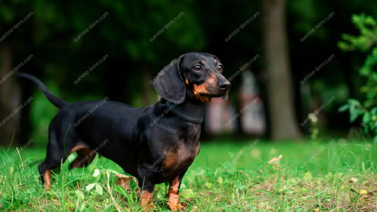 Ein schwarzer Dackel mit brauner Zeichnung steht im Gras und schaut in die Ferne.
