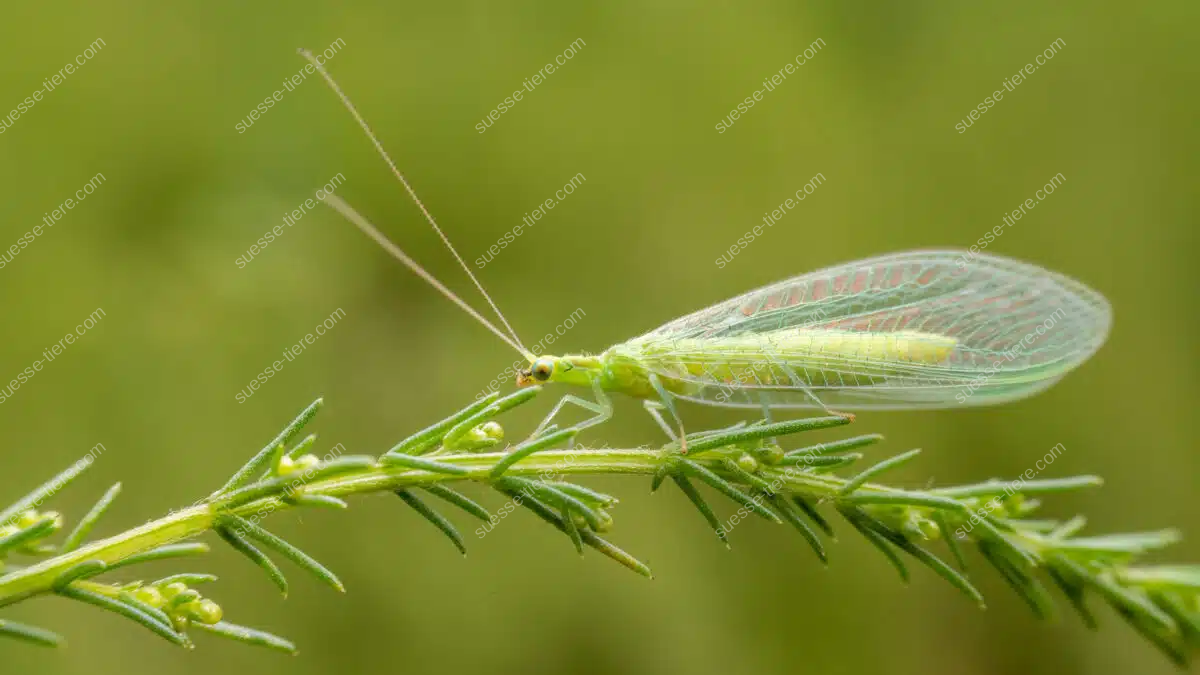 Eine grüne Florfliege mit durchsichtigen Flügeln sitzt auf einem feinen Zweig im Garten.