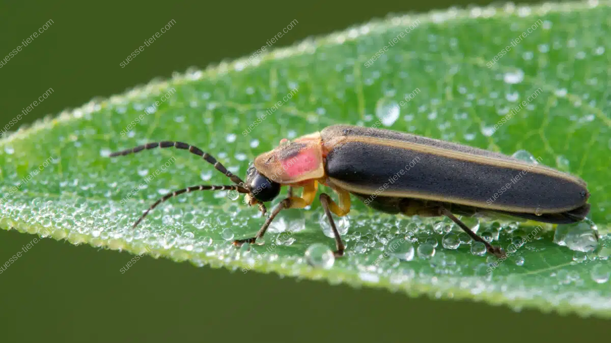Ein Glühwürmchen sitzt auf einem taufrischen Blatt mit sichtbaren Wassertropfen.