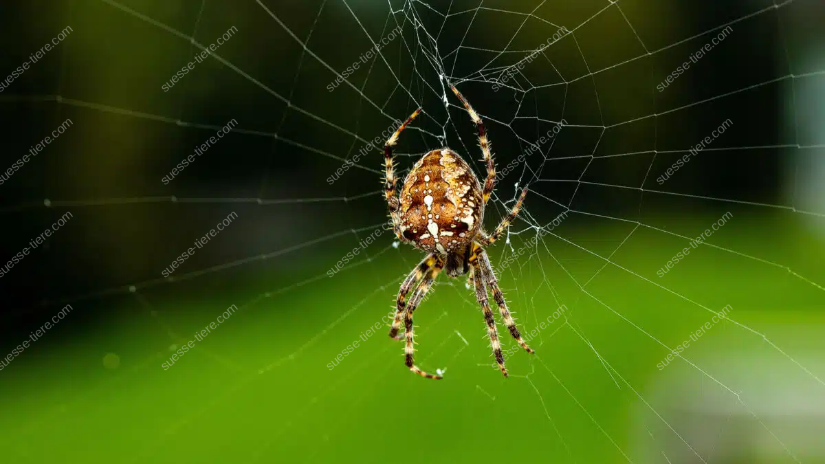 Eine Kreuzspinne mit markanter Kreuzzeichnung sitzt in der Mitte ihres Radnetzes vor verschwommenem grünen Hintergrund.