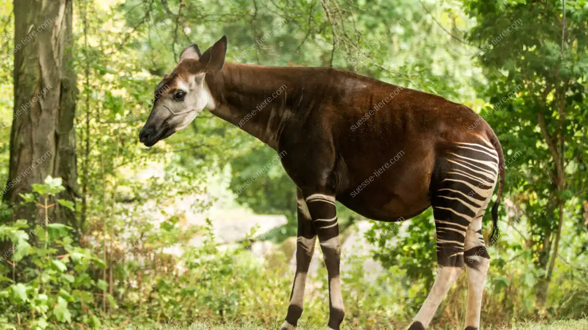 Ein Okapi steht zwischen Bäumen im Wald, sein gestreiftes Hinterteil ist deutlich sichtbar.