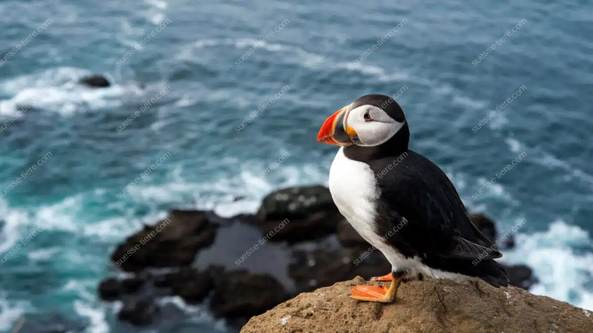 Ein Papageientaucher mit farbigem Schnabel steht auf einer Klippe über dem Meer.