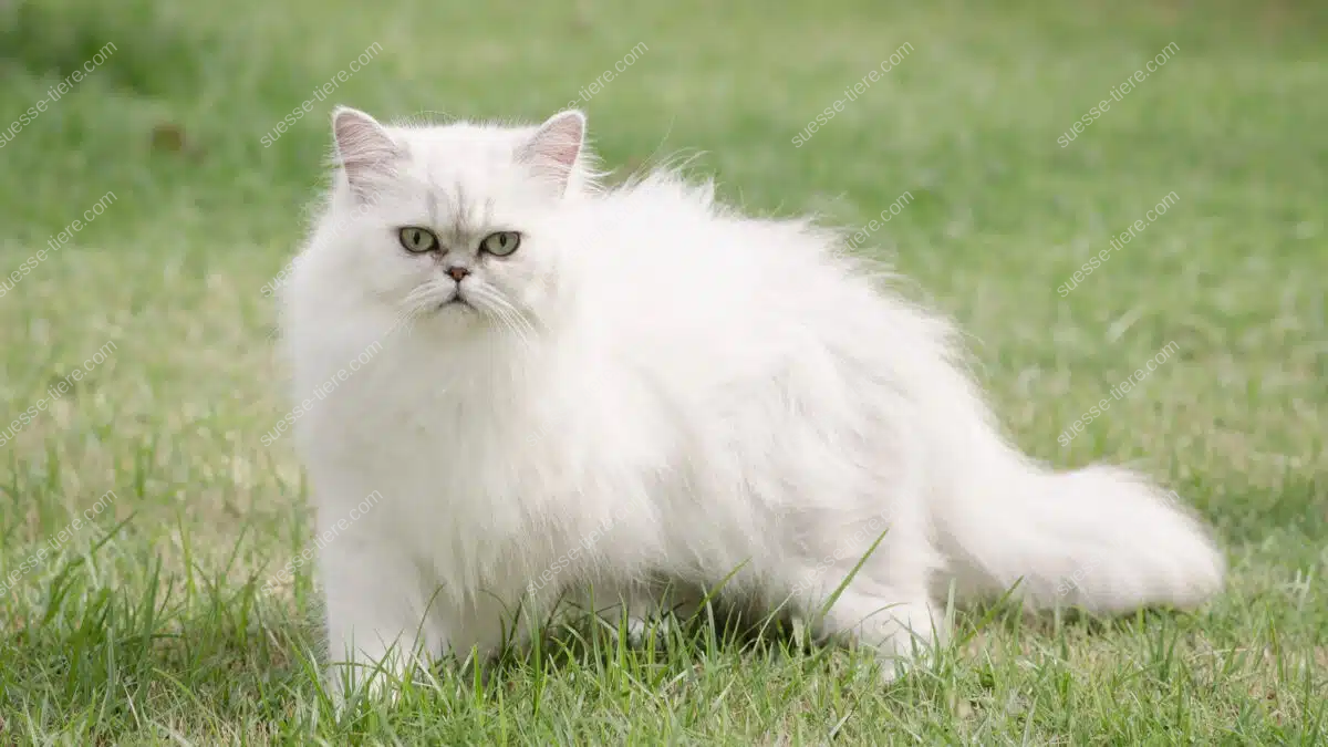 Eine weiße Perserkatze mit langem Fell steht auf einer grünen Wiese im Garten.