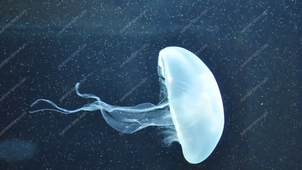 Eine transparente Qualle treibt anmutig durch dunkles, bläulich schimmerndes Wasser.