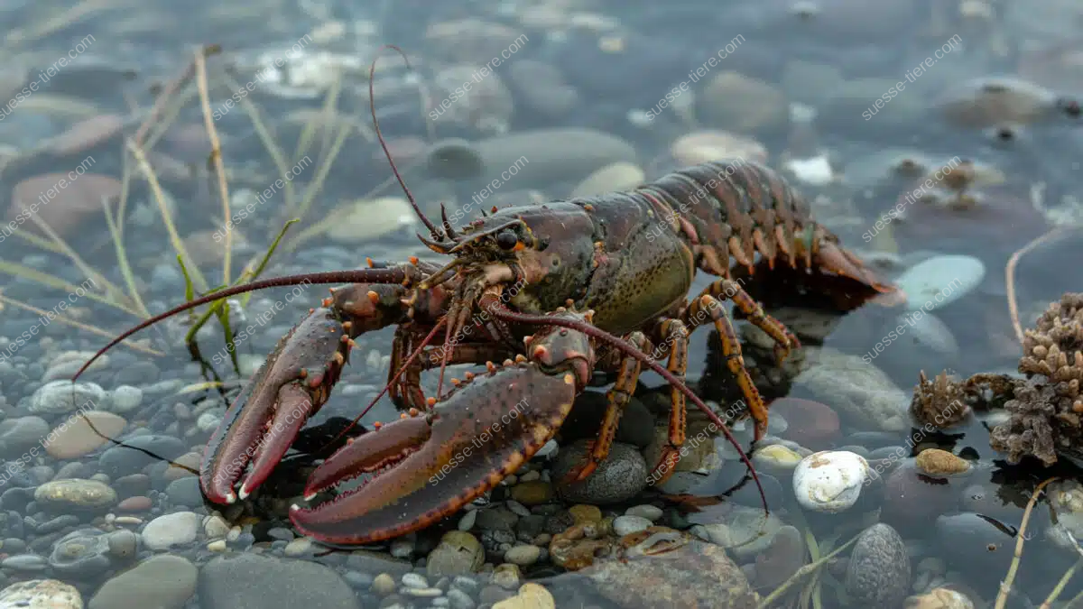 Ein großer Hummer mit kräftigen Scheren sitzt zwischen Steinen am Meeresboden.