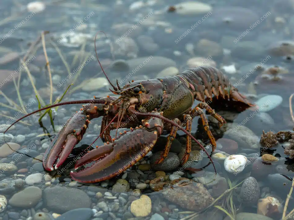 Ein großer Hummer mit kräftigen Scheren sitzt zwischen Steinen am Meeresboden.