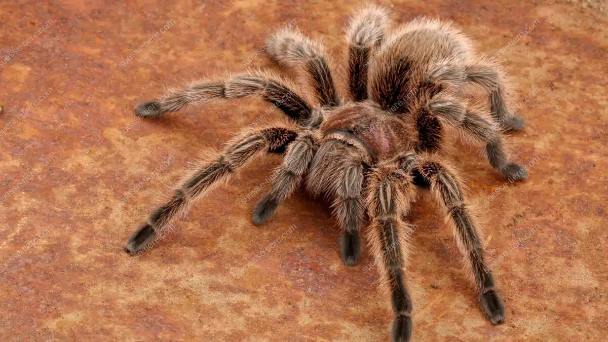 Eine braune, behaarte Vogelspinne sitzt auf einem rotbraunen Steinboden.