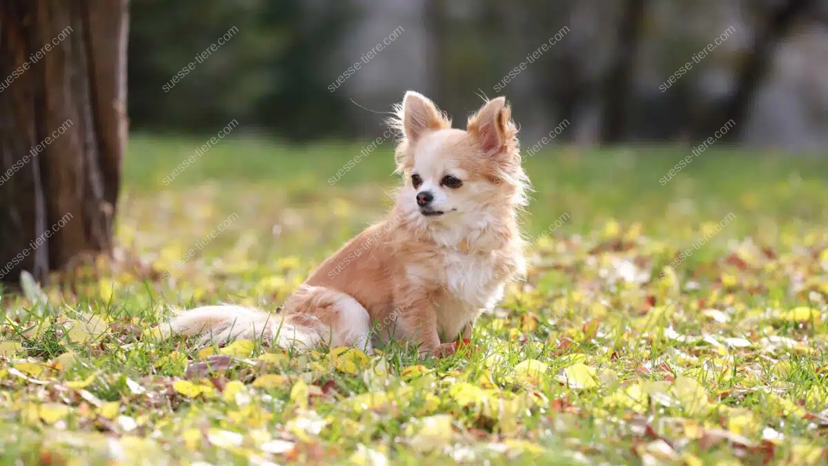 Ein langhaariger Chihuahua sitzt im Herbstlaub auf einer sonnigen Wiese.