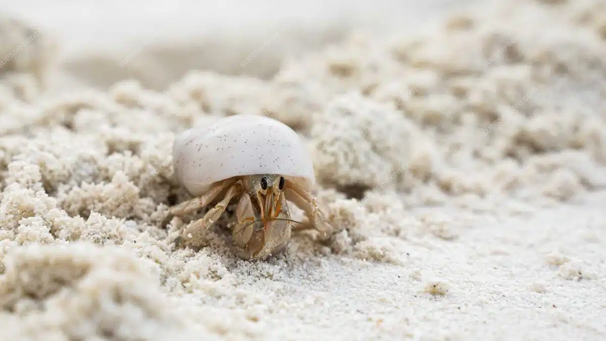 Ein Einsiedlerkrebs mit weißem Gehäuse bewegt sich über feinen, hellen Sand.