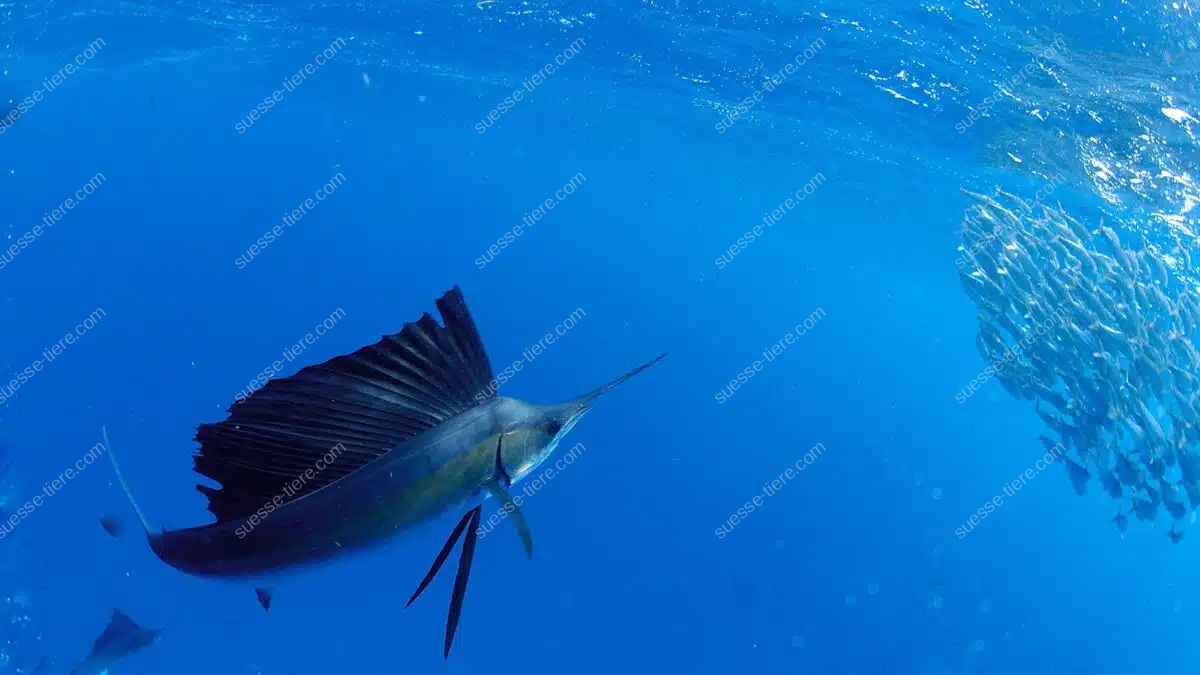 Ein Fächerfisch mit aufgestellter Rückenflosse jagt im offenen Blauwasser einen kompakten Fischschwarm.