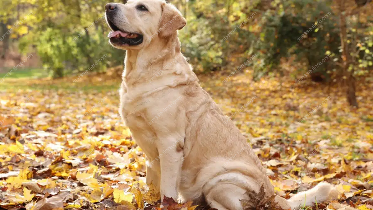 Ein hellbrauner Labrador sitzt im Herbstlaub und blickt aufmerksam nach vorne.