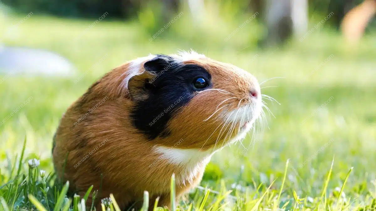 Ein braun-schwarzes Meerschweinchen sitzt aufmerksam im Gras.