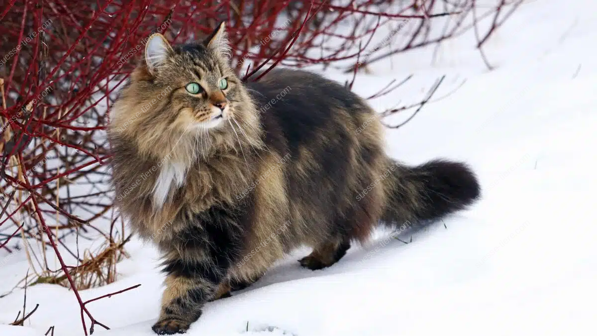 Eine Norwegische Waldkatze mit dichtem Fell läuft durch den Schnee vor roten Ästen.